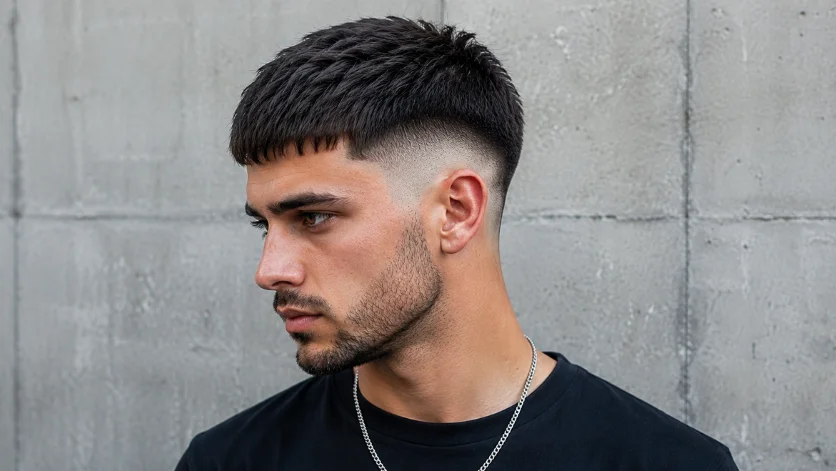 High Burst Fade Crop Top haircut with textured cropped hair, sharp faded sides, and a modern urban barber style against a concrete wall background.