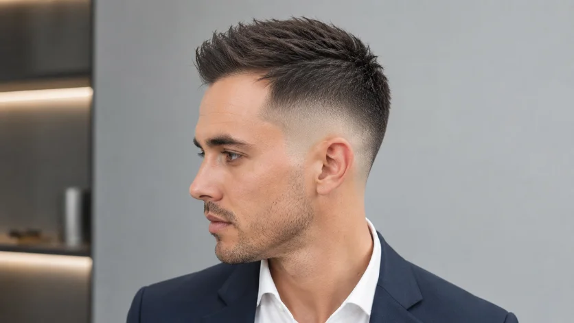 High Burst Fade for Thin Hair with natural texture, clean faded sides, and a sharp modern look in a minimalist studio setting.