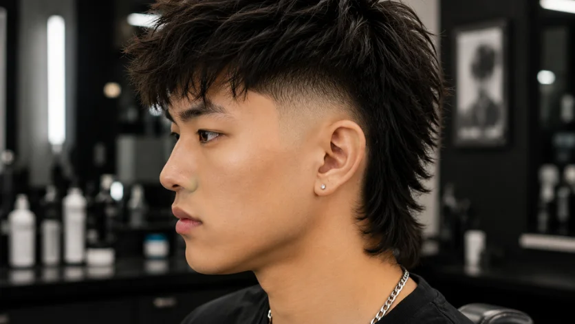 Asian Burst Fade Mullet haircut on an Asian male model