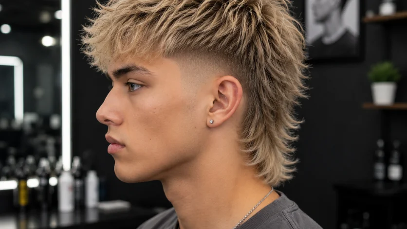 Blonde Burst Fade Mullet haircut on a young male model with textured blonde layers.