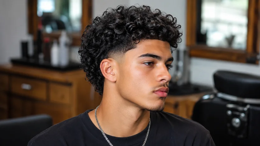 Classic curly burst fade haircut with defined natural curls and clean fade around the ears.