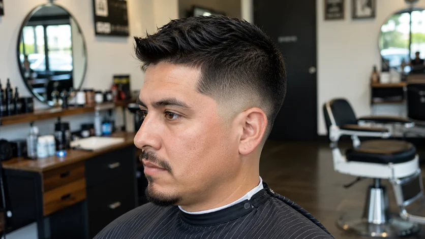 Classic Mid Burst Fade haircut with clean burst fade and short styled top