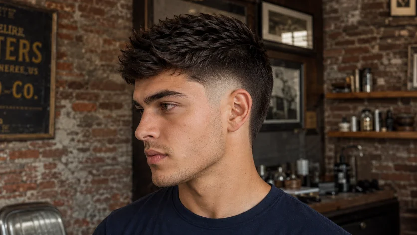 Classic Straight Burst Fade haircut with textured top and clean burst fade around the ear in a vintage barbershop setting