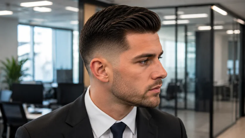 hairstyle for men with sharp fade, Comb over low burst fade with side part and sharp fade