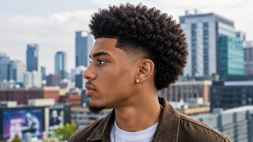 Curly burst fade afro haircut with rounded textured curls and a clean burst fade blend, 