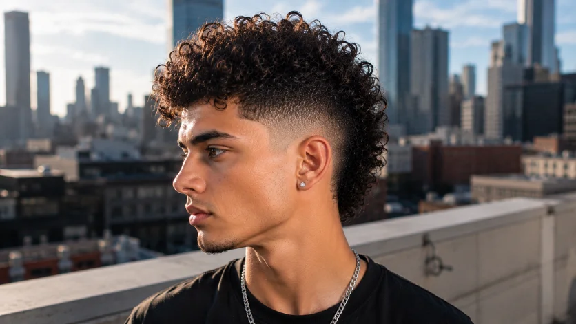 Curly burst fade faux hawk haircut with elevated textured curls,