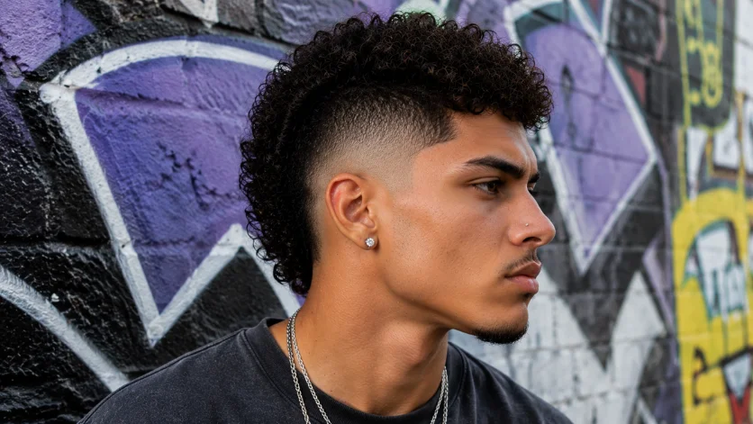 Curly burst fade mohawk haircut with textured curls and dramatic fade sides,