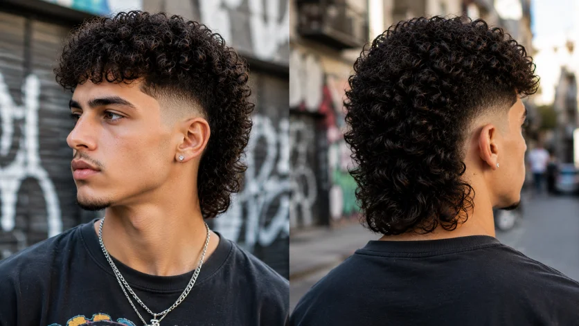 Curly burst fade mullet haircut with textured curls, tapered sides, and extended back length.