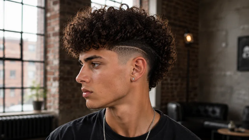 Curly burst fade undercut haircut with textured curls, 