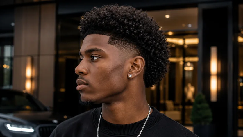 Curly burst fade haircut for Black men with defined textured curls and a flawless fade blend, 