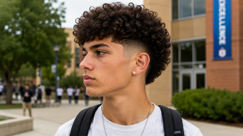 Curly burst fade haircut for teenagers with defined curls and a clean fade blend, teenage 