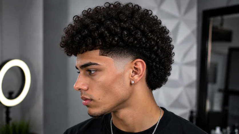 Curly burst fade haircut for thick hair with dense textured curls, voluminous top,