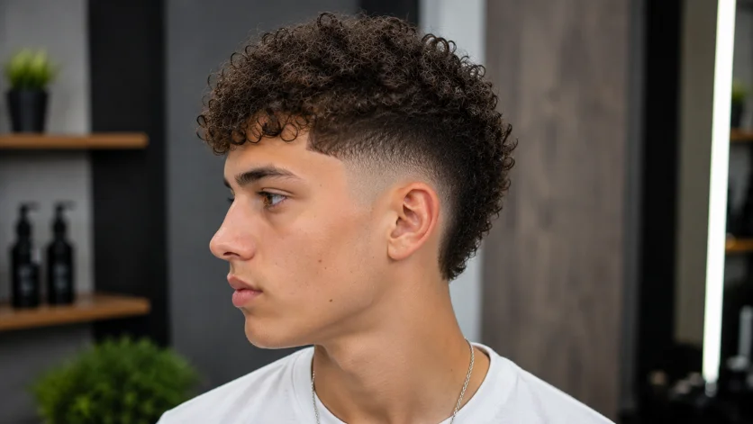 Curly burst fade haircut for thin hair with light textured curls.