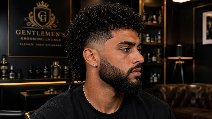 Curly burst fade with full beard, featuring defined curls and a seamless beard fade.