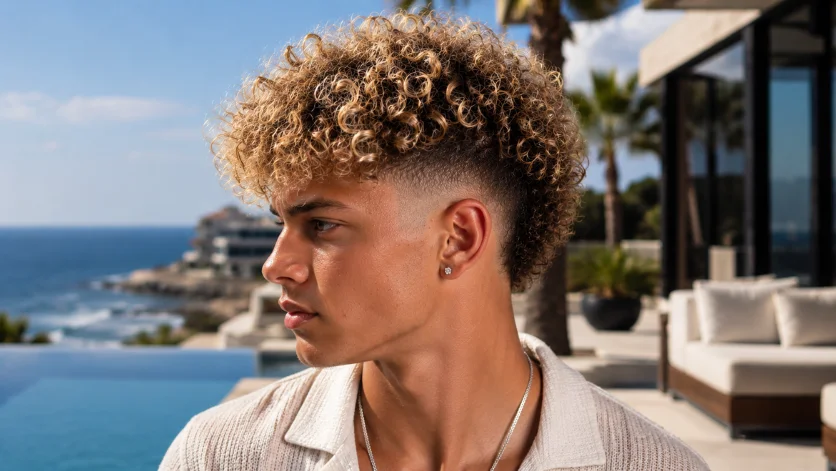 Curly burst fade haircut with blonde curls, bright textured volume, and a clean fade blend, 