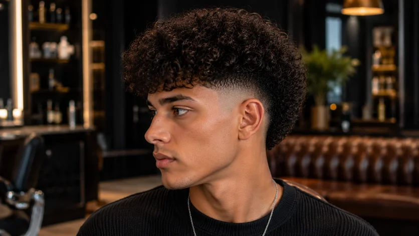 Curly burst fade haircut with a prominent curly top, defined texture, and clean fade sides, 