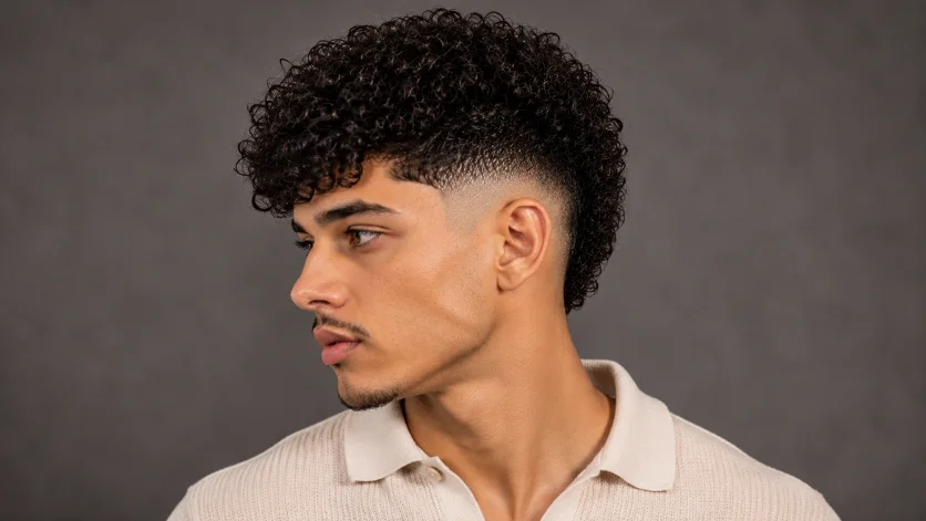 Curly burst fade haircut with defined curls, precise curl definition, 