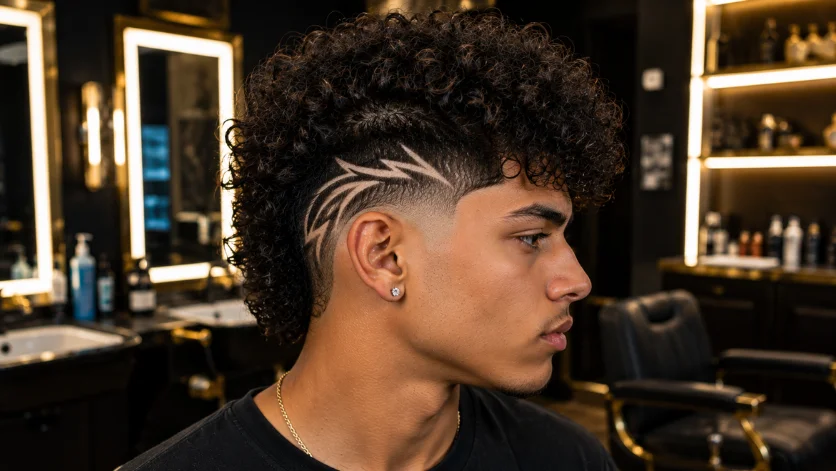 Curly burst fade haircut with a shaved hair design, textured curls, and clean fade detailing, 