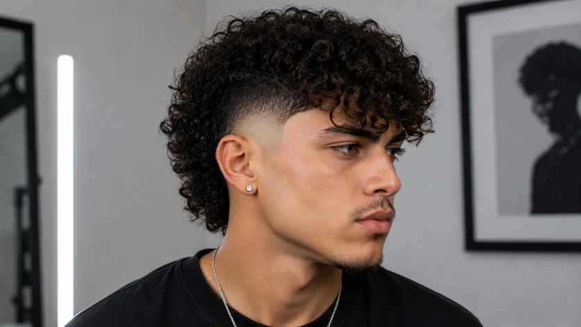 Curly burst fade with fringe haircut featuring textured curls falling over the forehead and a clean side fade, 