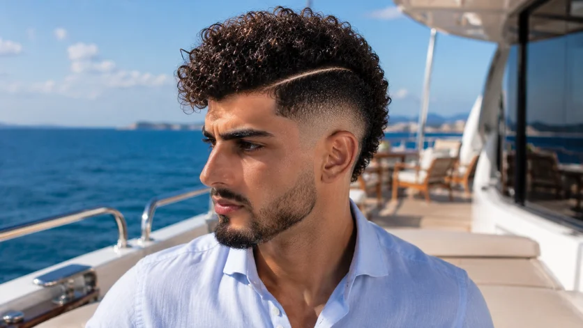 Curly burst fade haircut with a razor-defined hard part, textured curls, 