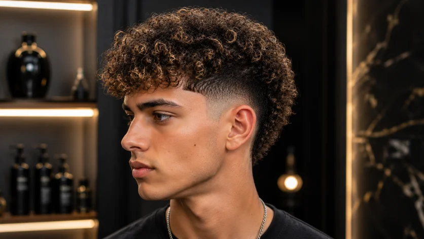 Curly burst fade haircut with highlighted curls, clean fade transition, 