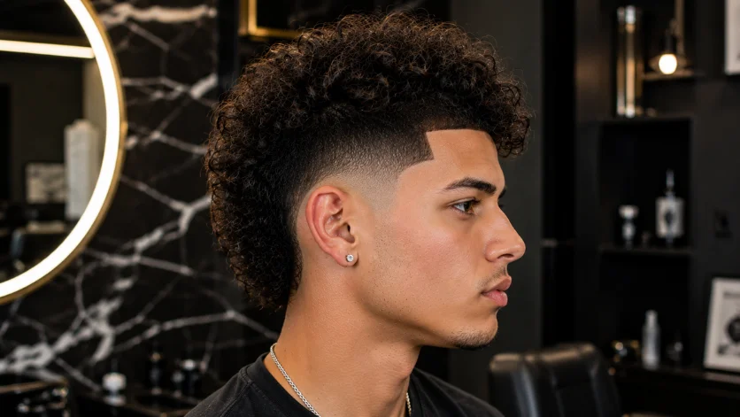 Curly burst fade haircut with sharp line up, defined curls, and precise fade detailing,