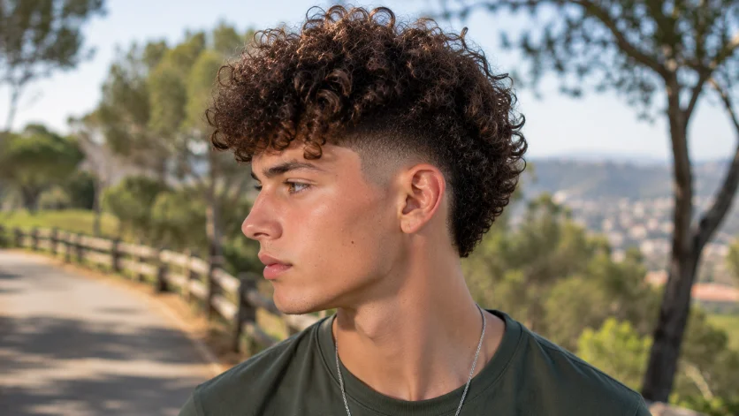 Curly burst fade haircut with natural curls, authentic texture, and a clean fade blend,
