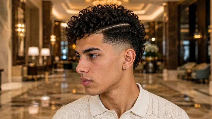 Curly burst fade haircut with a defined side part, textured curls, and clean fade transition.