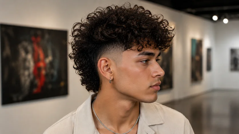 Curly burst fade with textured top featuring voluminous defined curls and a clean side fade, 