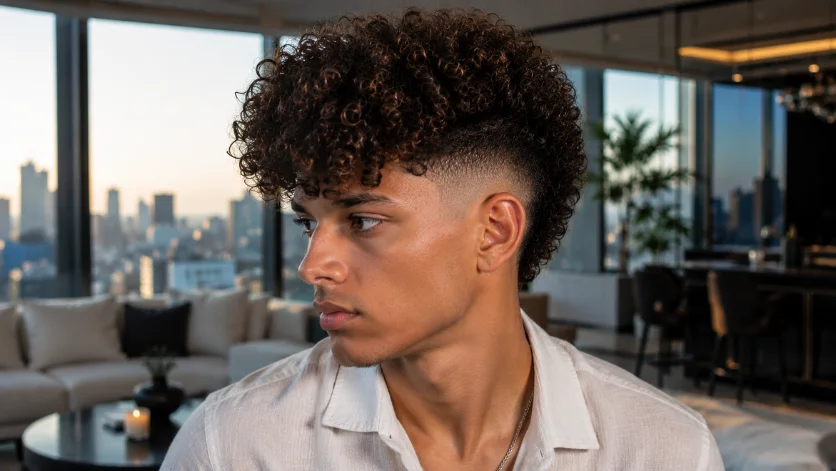 Curly burst fade haircut with voluminous curls, added height, and a clean fade blend, 