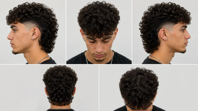 Curly Hair Burst Fade Mullet hairstyle for men 