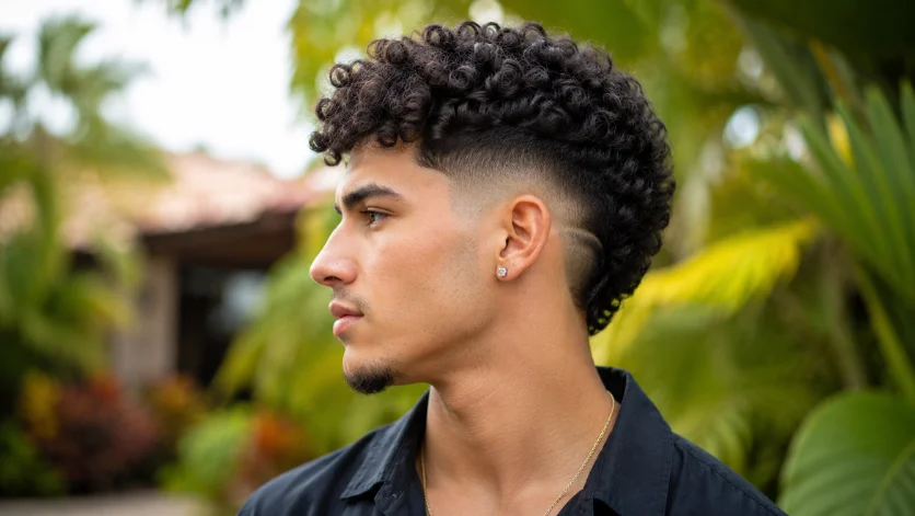 Curly High Burst Fade haircut for men with natural curly hair, sharp burst fade, and textured curls, photographed in a tropical outdoor garden.