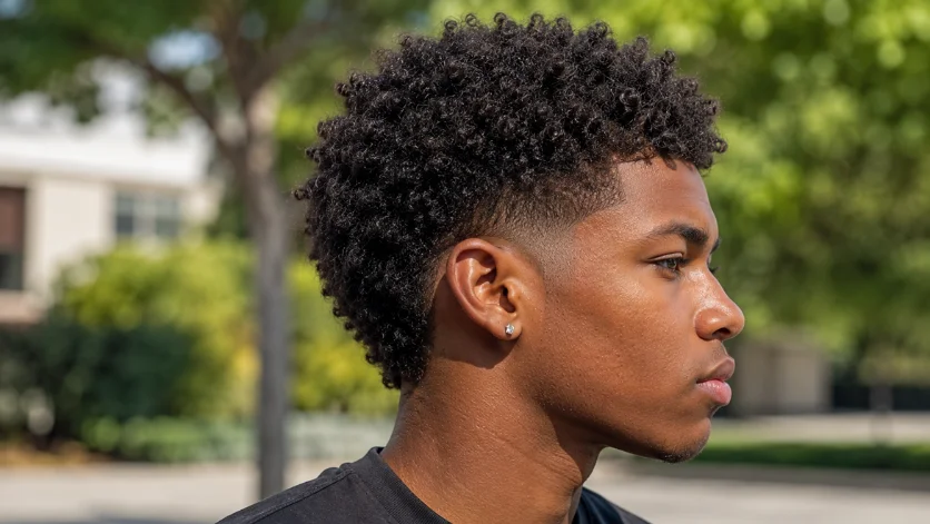 Curly low burst fade hairstyle for men with natural curls and sharp burst fade
