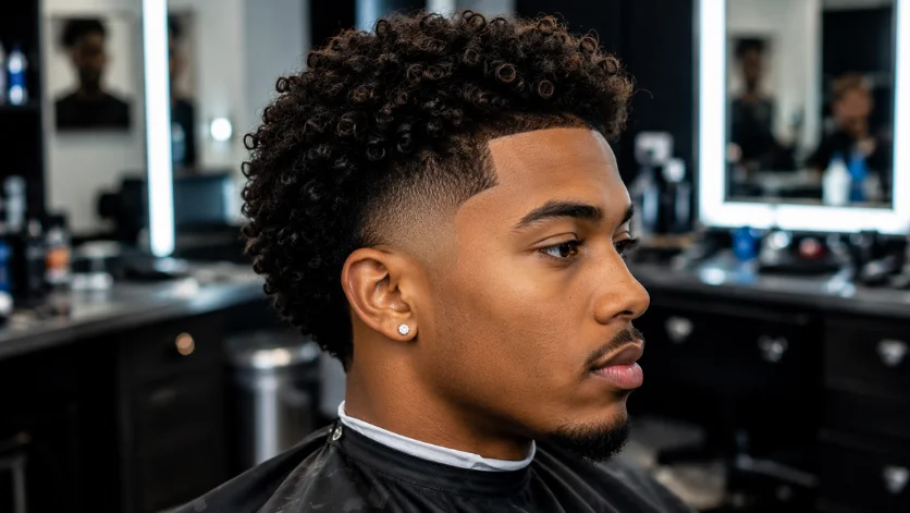 Curly Mid Burst Fade haircut on a young Black man with defined natural curls, smooth burst fade, and sharp modern barber styling.