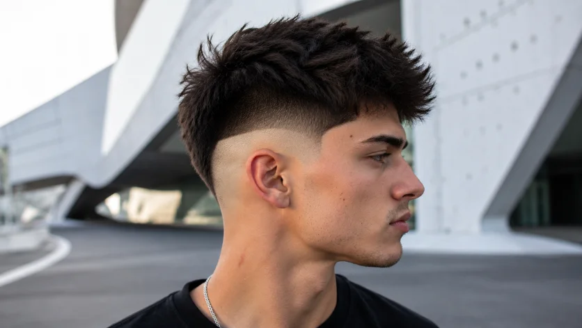 Disconnected high burst fade haircut with textured top and sharp contrast fade