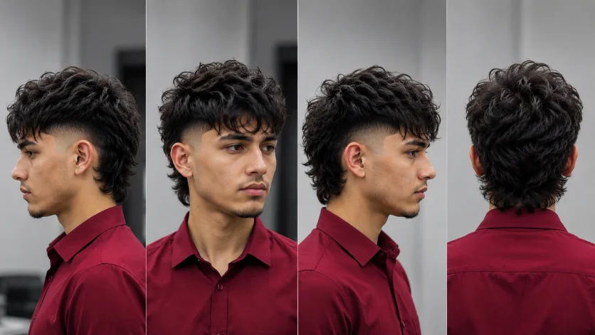 Drop Burst Fade Mullet haircut, featuring textured wavy hair, sharp burst fade sides, 