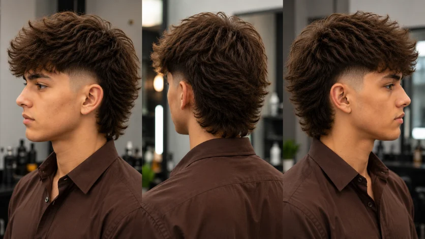 Fluffy Burst Fade Mullet haircut with voluminous textured hair