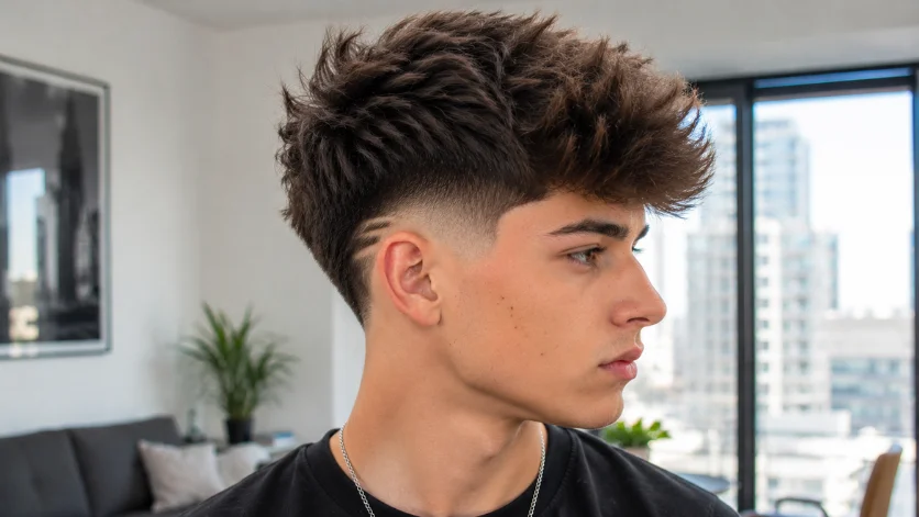 Fluffy high burst fade haircut with voluminous textured top and clean fade
