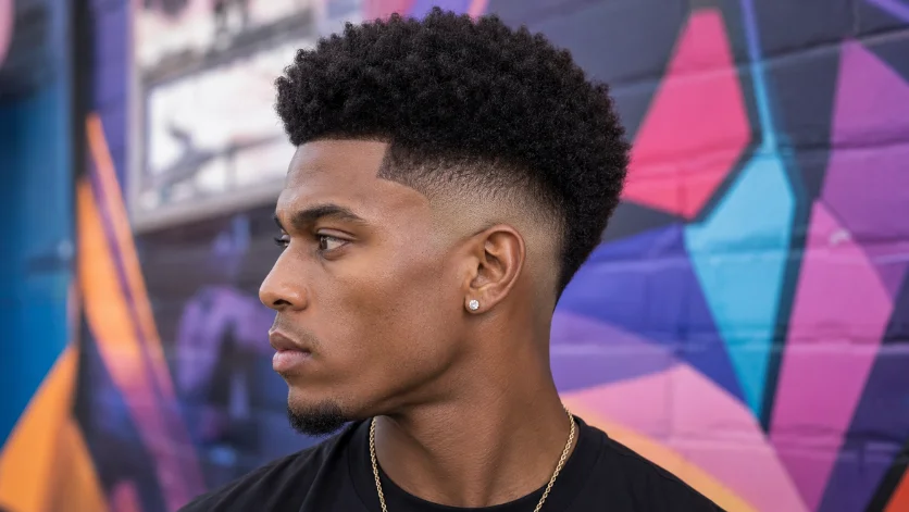 High Burst Fade Afro Style haircut with a textured afro top, clean burst faded sides, and a sharp modern look against a vibrant city mural background.