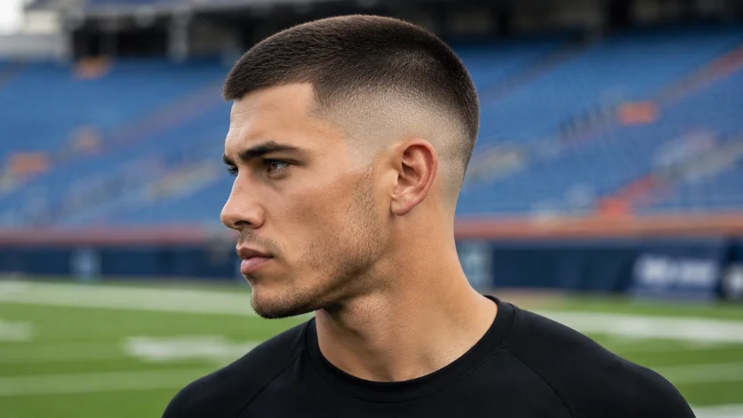 High Burst Fade Buzz Cut haircut with a sharp buzzed top, clean faded sides, and a masculine athletic look in a sports stadium setting.