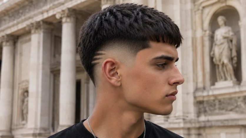 High burst fade Caesar cut with textured fringe and clean skin fade