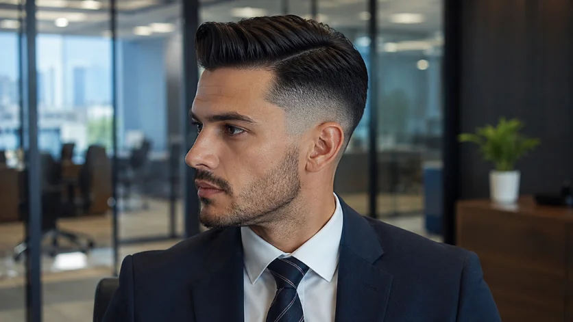 High Burst Fade Comb Over haircut with a sharp side part and clean faded sides, styled in a professional corporate office setting.