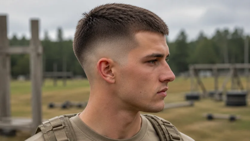 High burst fade crew cut with clean military-inspired fade and short top