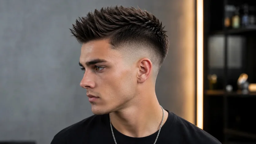 High Burst Fade Faux Hawk haircut with textured spiked top, clean faded sides, and a modern barber style in a contemporary studio setting.