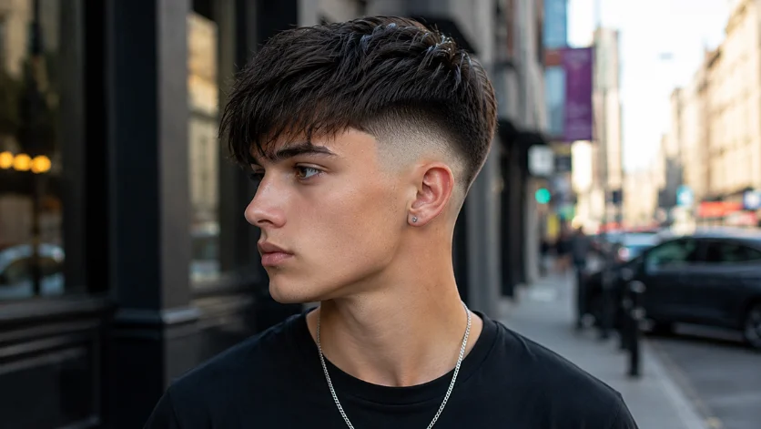 High Burst Fade Fringe haircut with textured front fringe, clean faded sides, and a trendy modern look on a city street background.