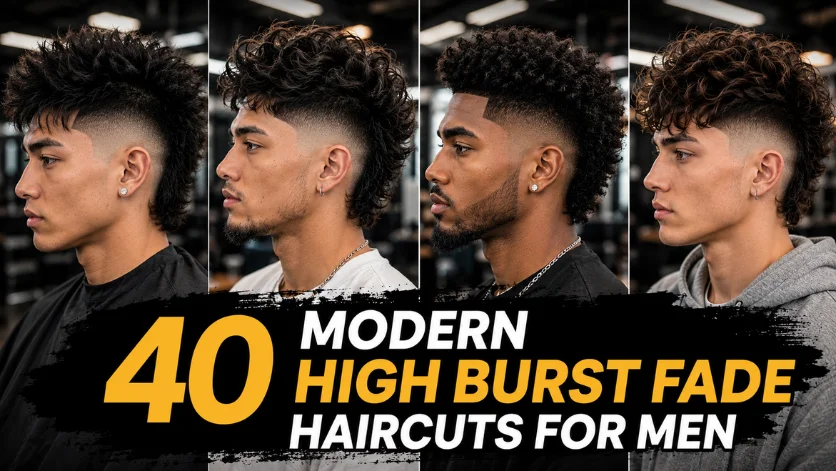 High Burst Fade Haircuts for Men featuring modern curly, textured, and mullet fade styles in 2026