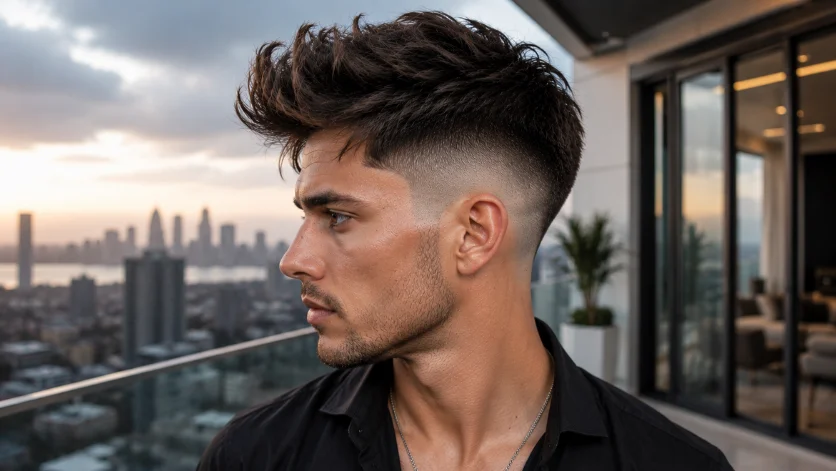 High Burst Fade Long Top haircut with long textured hair on top, clean burst faded sides, and a stylish modern look on a luxury apartment balcony.