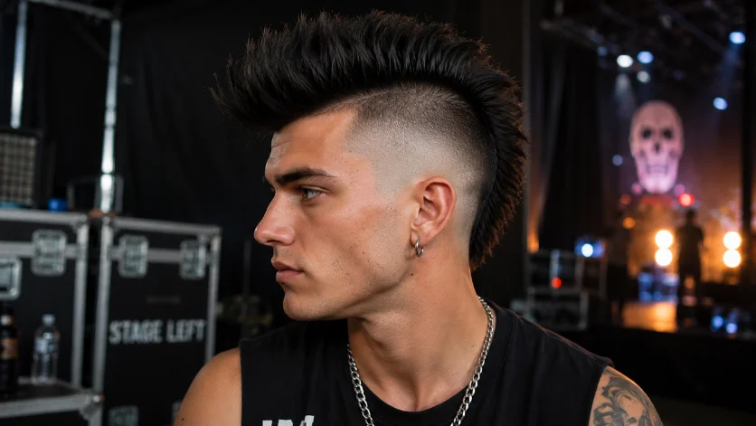 High Burst Fade Mohawk haircut with bold spiked mohawk, clean faded sides, and an edgy modern style in a rock concert backstage setting.