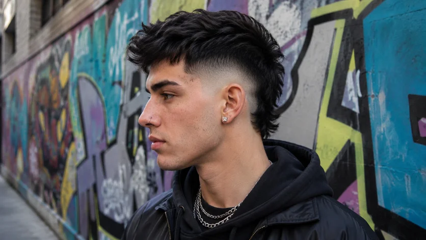 High Burst Fade Mullet haircut for men with a clean burst fade and textured mullet, photographed in a graffiti-covered urban street setting.