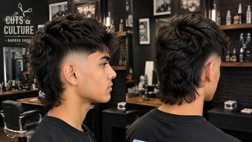 High Burst Fade Mullet haircut for men with modern textured top.
